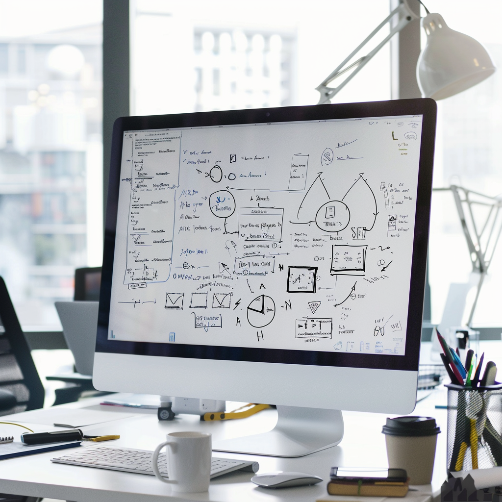 Naast de computer staat een whiteboard met formules en grafieken.